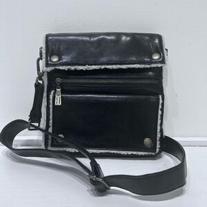 Jeanne Lottie‎ Women’s Black Leather White Fleece Crossbody Bag Adjustable Strap